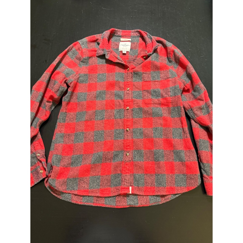 American Eagle Outfitters Mens XL Slim Fit Red Gray Buffalo Plaid Flannel Shirt
